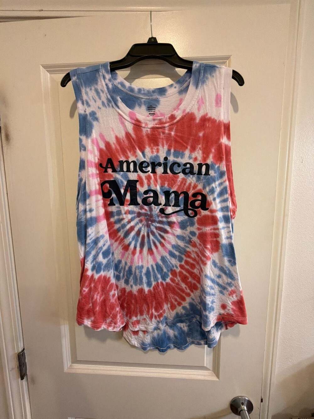 Way to Celebrate! Patriotic American Mama Red White and Blue Tie-Dye Tank Top